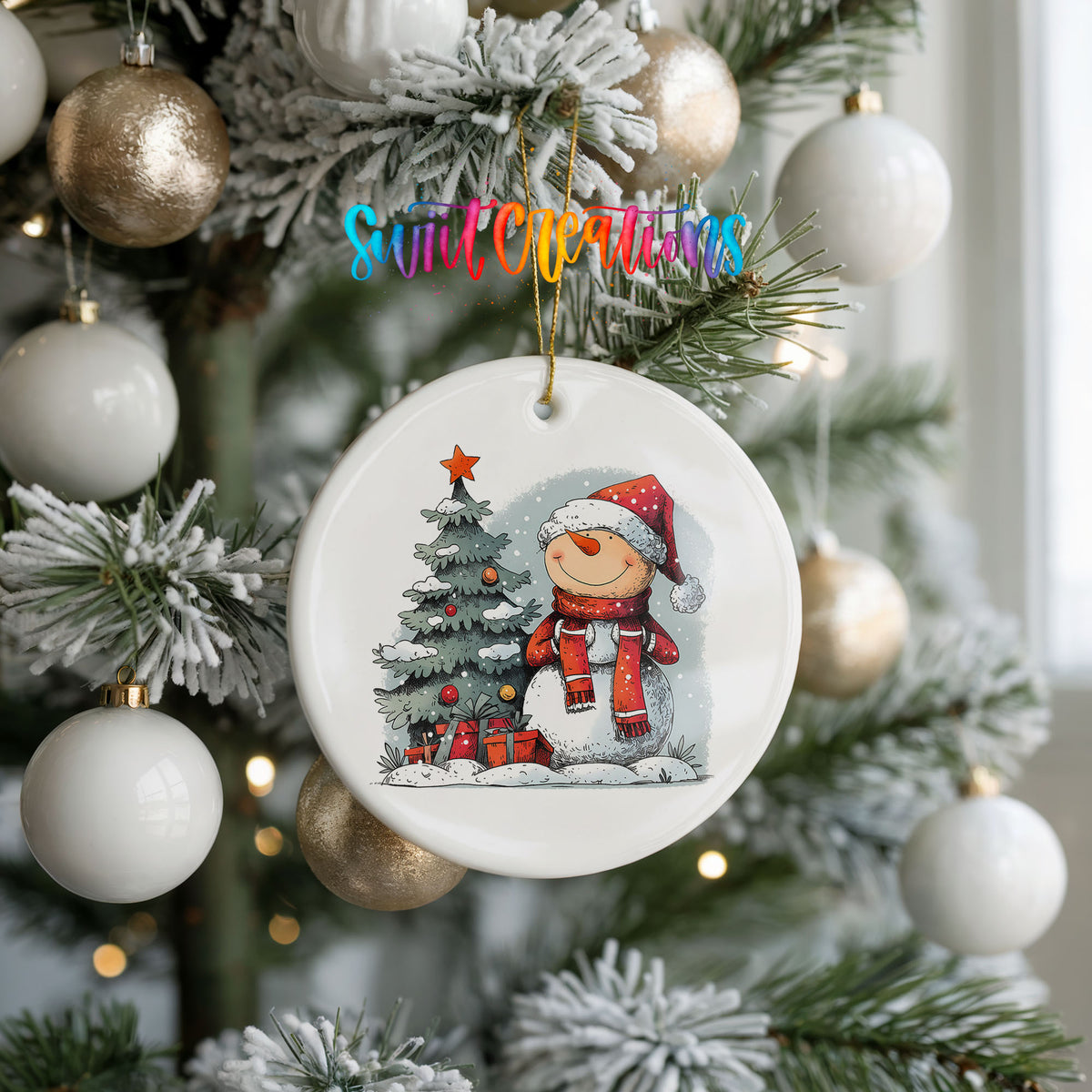 Santa Decorating a Christmas Tree Christmas ornament hanging on a frosted holiday tree
