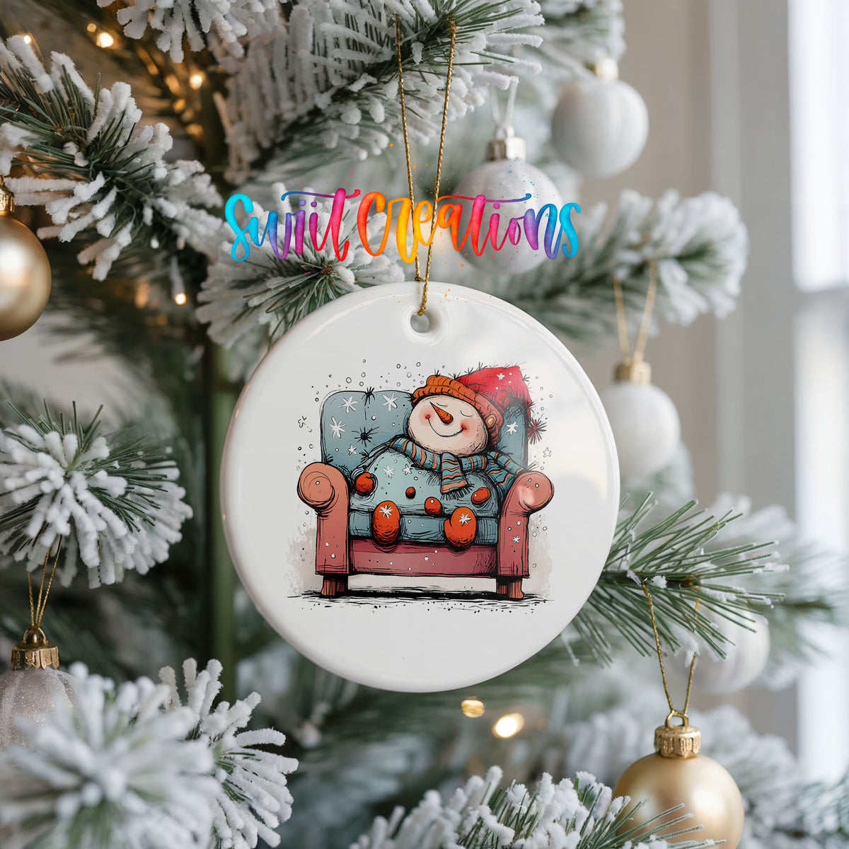 Santa Resting in a Holiday Armchair Christmas ornament hanging on a frosted Christmas tree