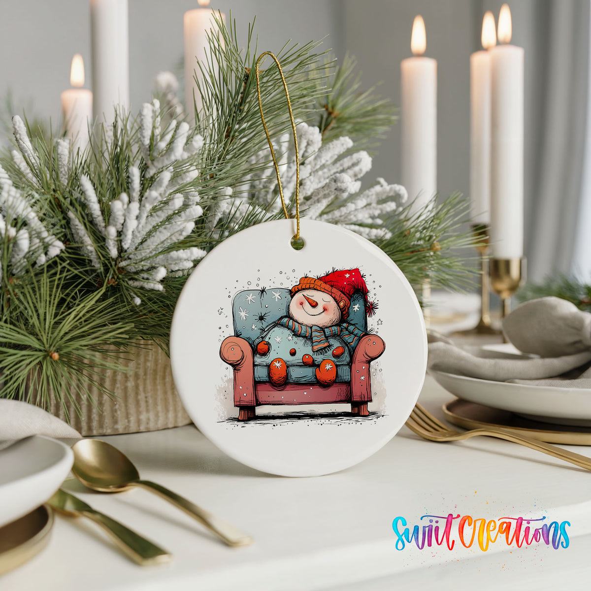 Santa Resting in a Holiday Armchair Christmas ornament styled with elegant holiday table decor