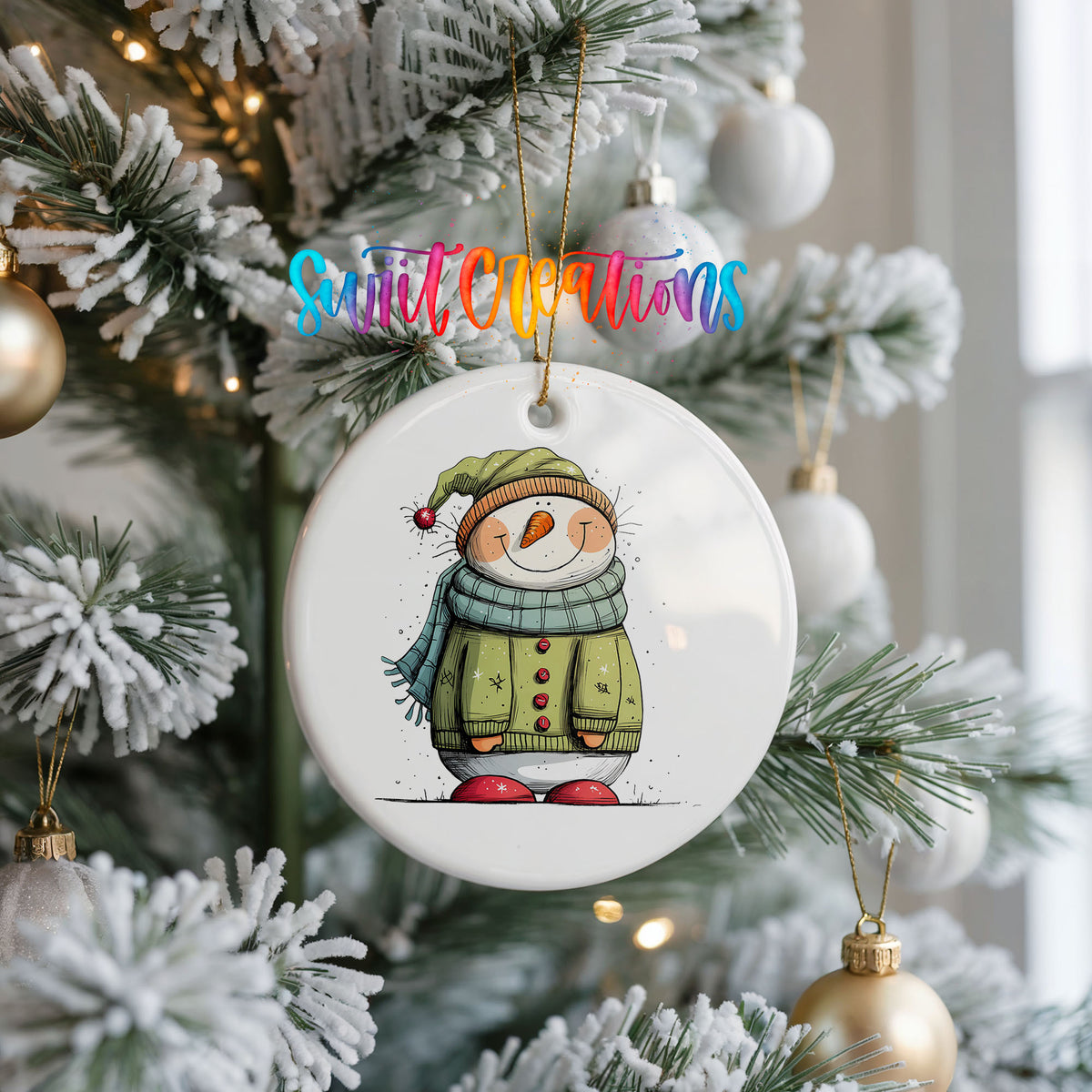 Snowman in Green Winter Coat Christmas ornament hanging on a frosted Christmas tree