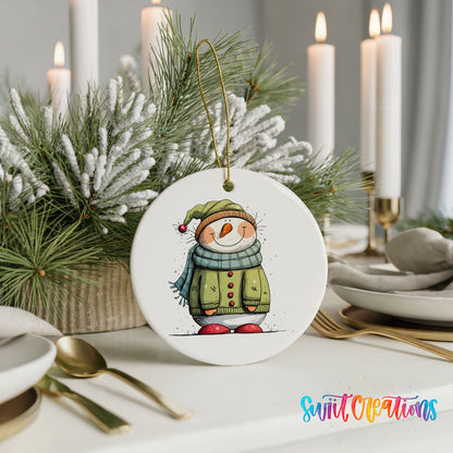 Snowman in Green Winter Coat Christmas ornament styled with elegant holiday table decor