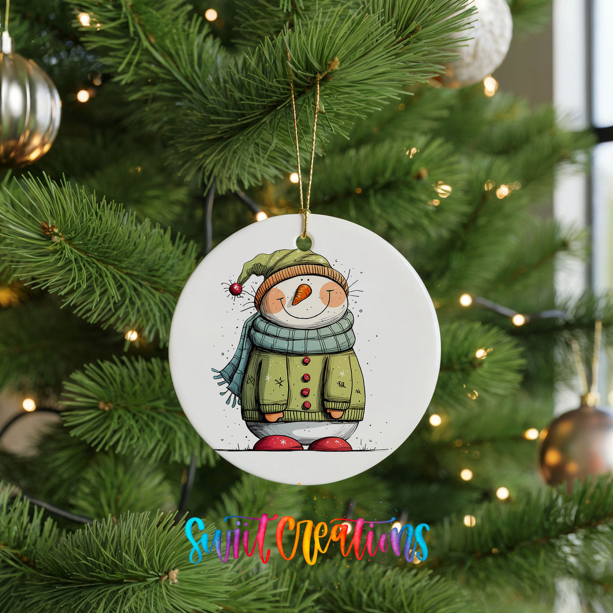 Snowman in Green Winter Coat Christmas ornament hanging on a green Christmas tree