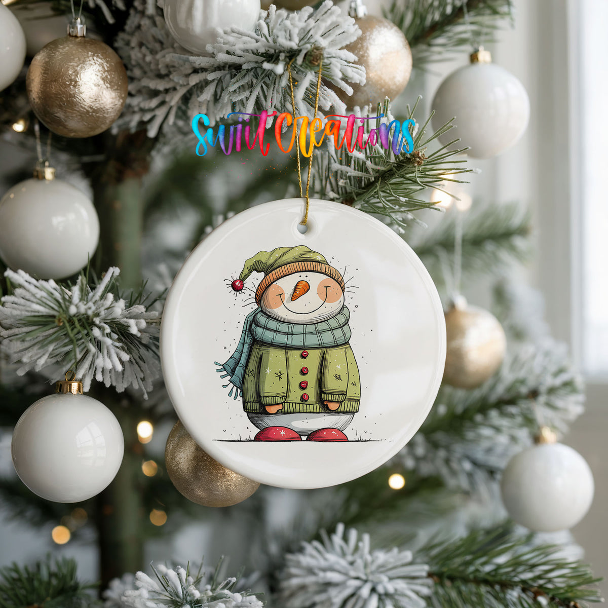 Snowman in Green Winter Coat Christmas ornament hanging on a frosted holiday tree