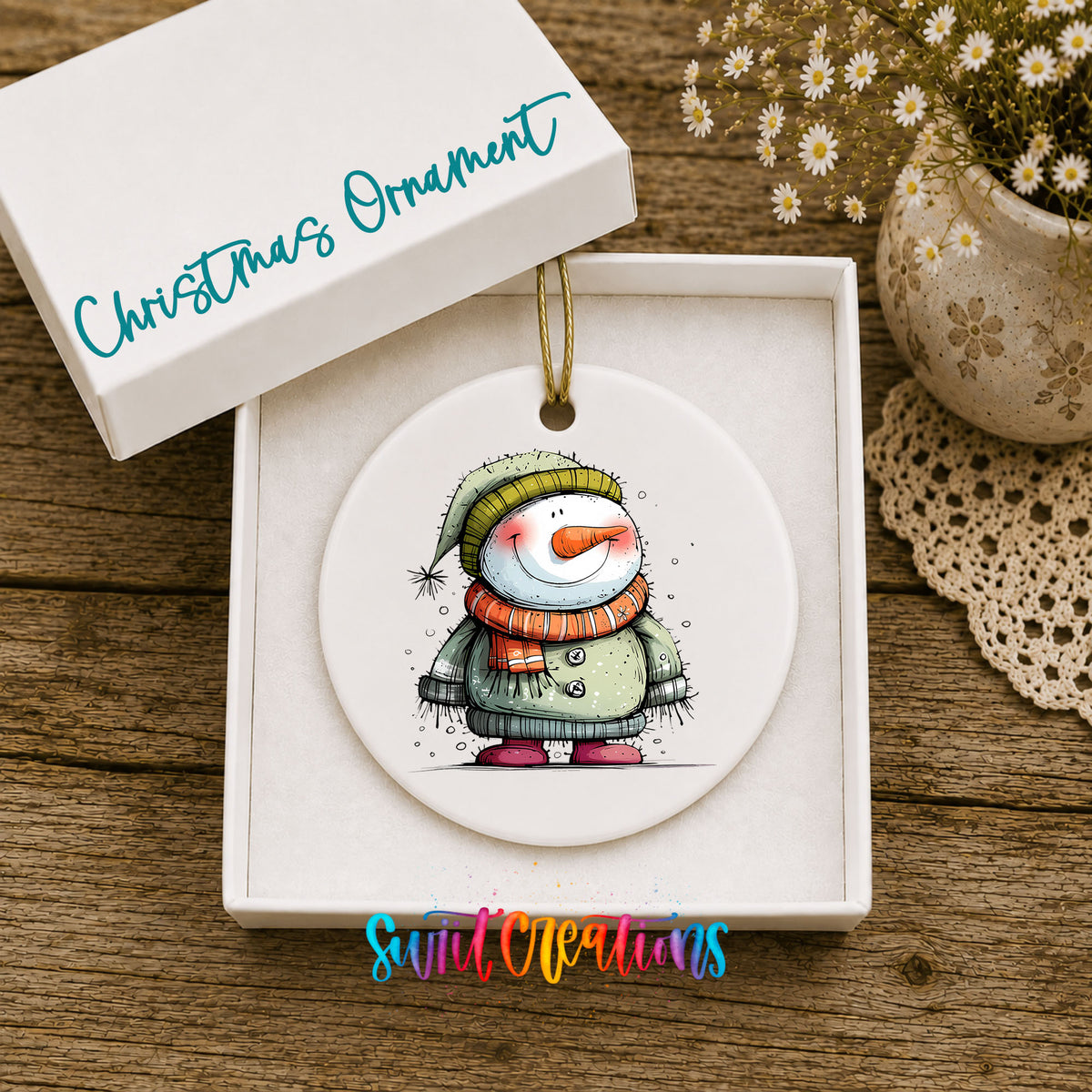 Smiling Snowman in Green Sweater Christmas ornament product photo