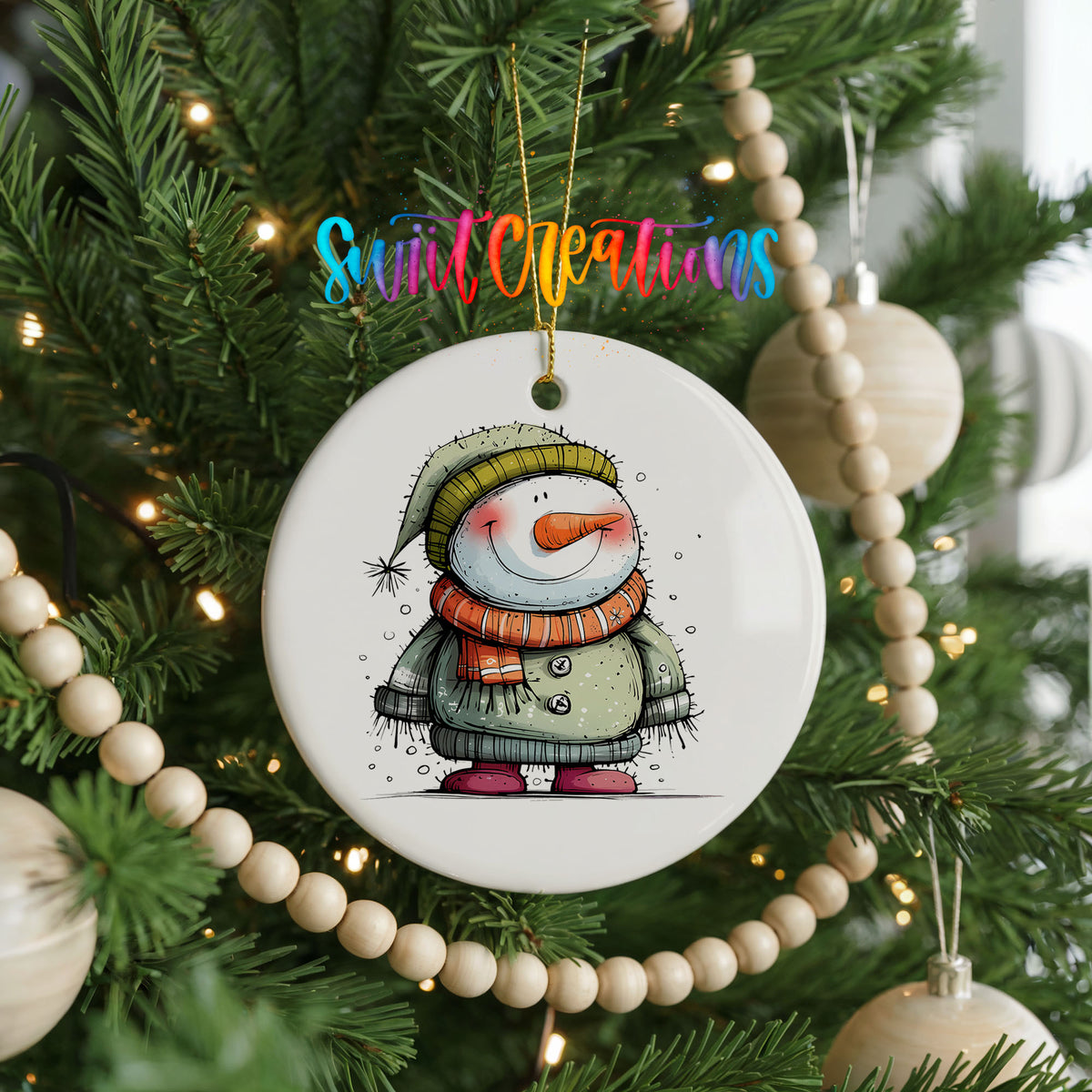 Smiling Snowman in Green Sweater Christmas ornament product photo
