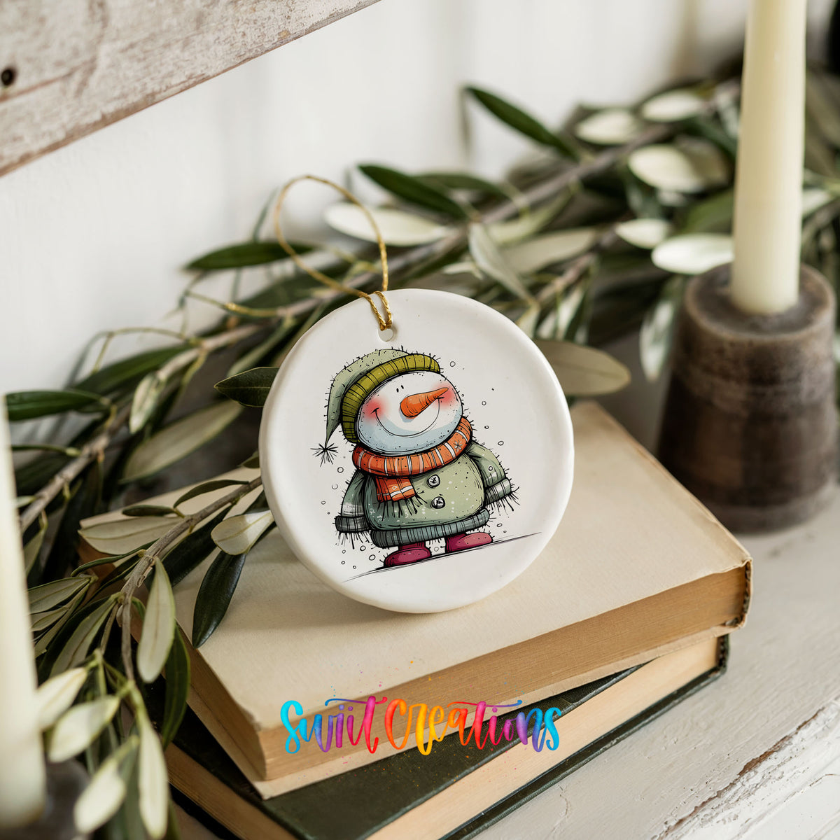 Smiling Snowman in Green Sweater Christmas ornament product photo