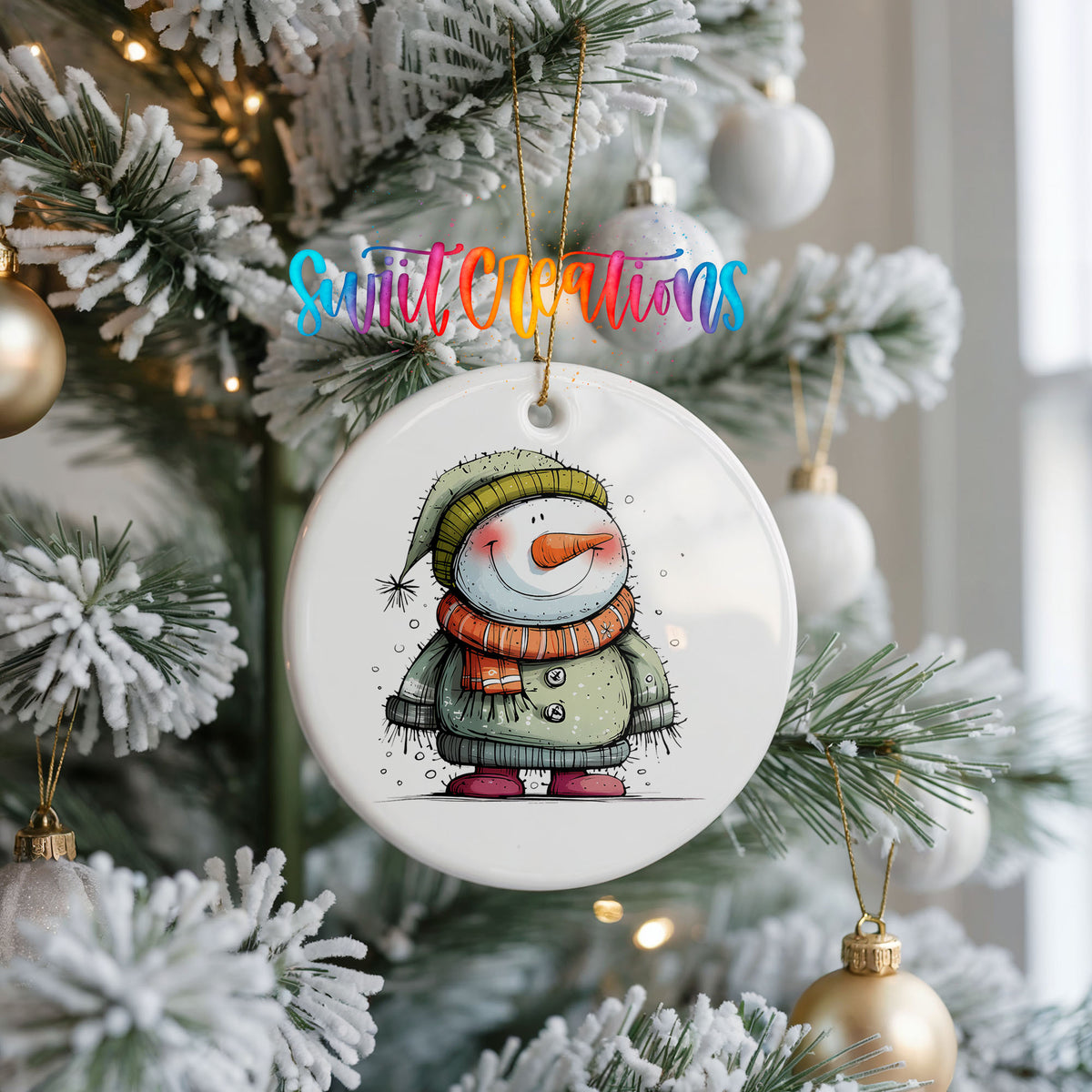Smiling Snowman in Green Sweater Christmas ornament product photo