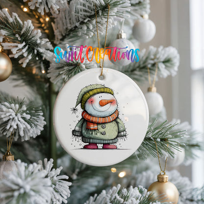 Smiling Snowman in Green Sweater Christmas ornament product photo