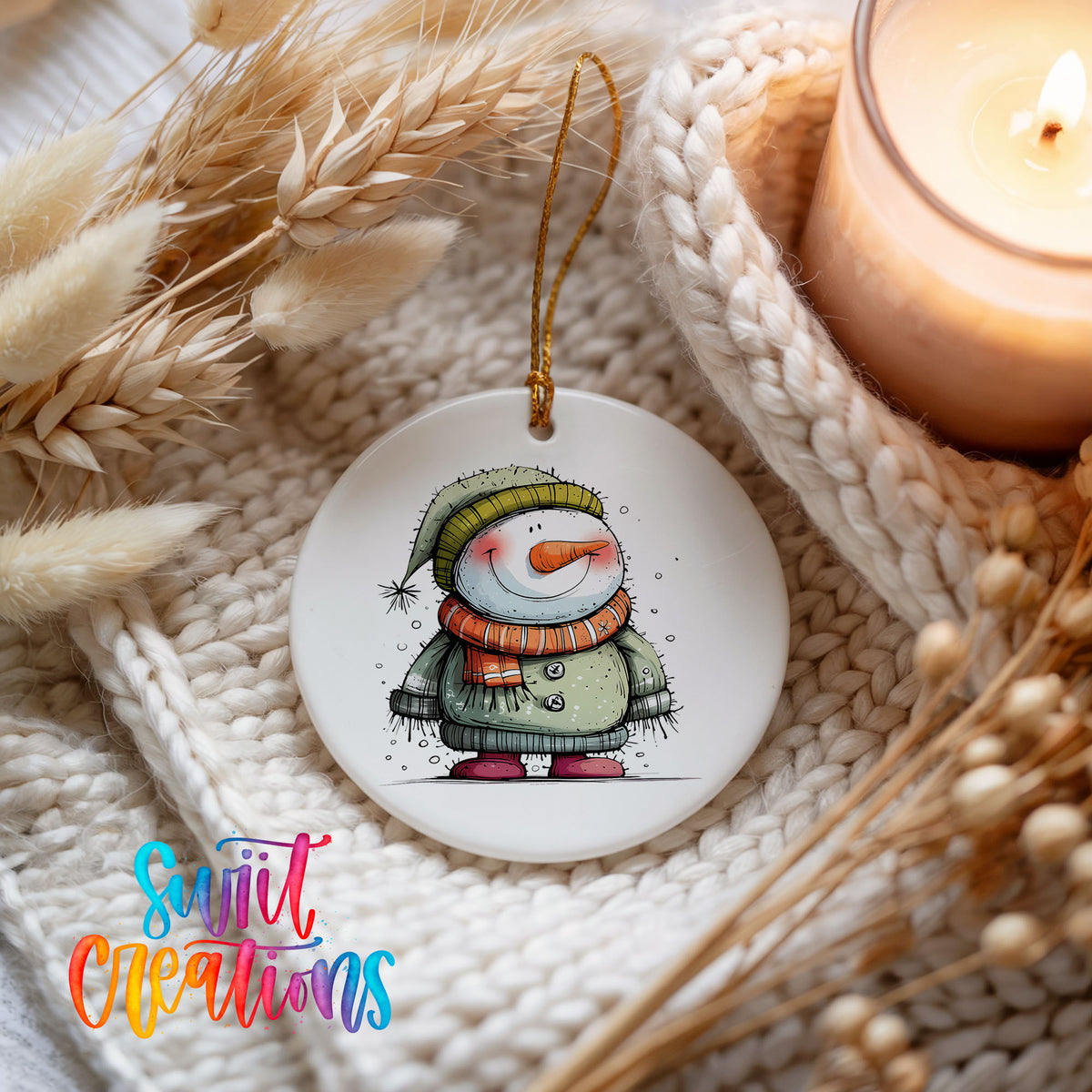 Smiling Snowman in Green Sweater Christmas ornament product photo