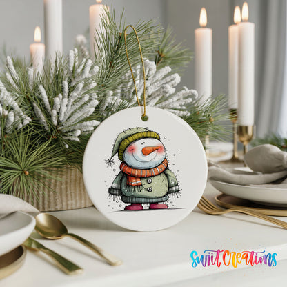 Smiling Snowman in Green Sweater Christmas ornament product photo