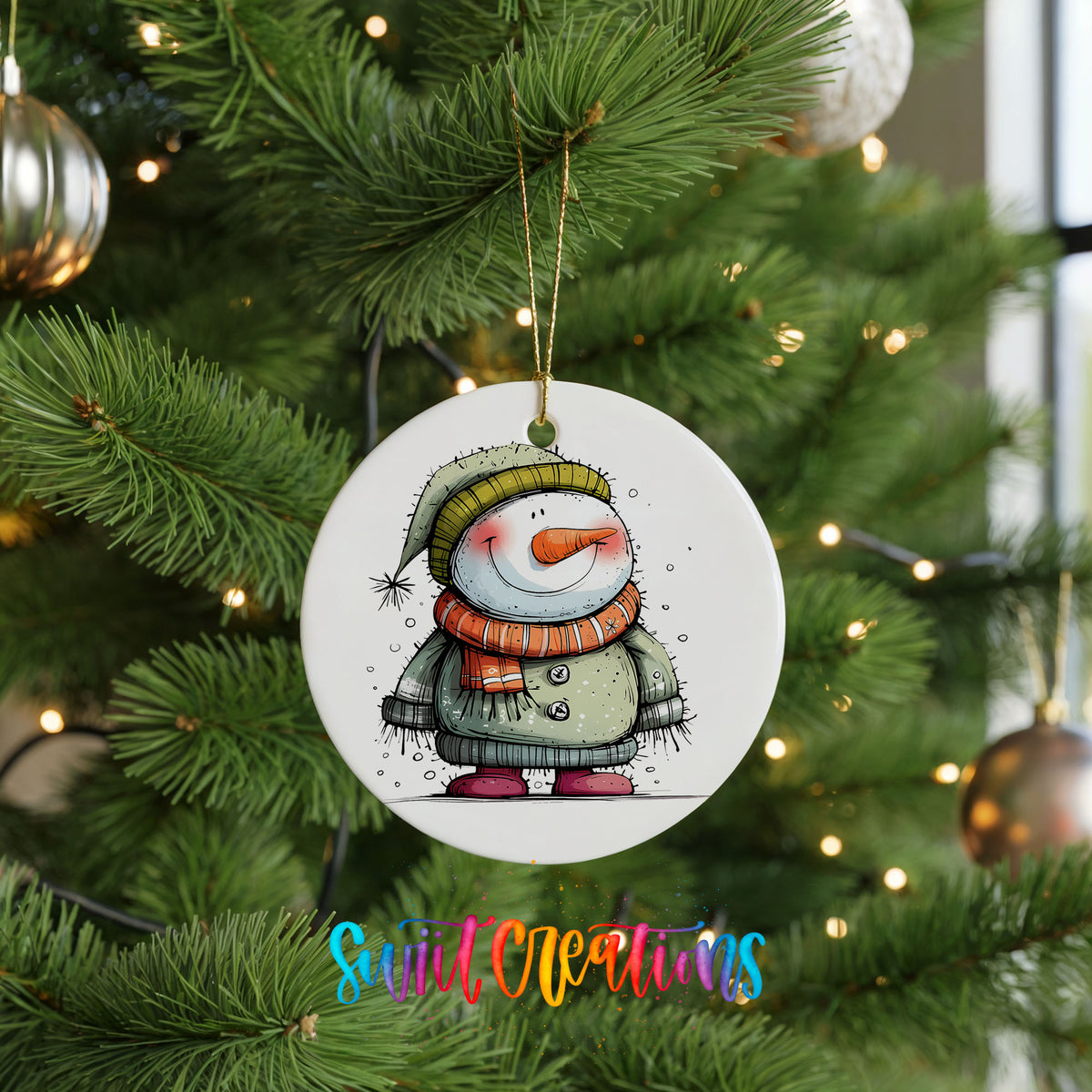 Smiling Snowman in Green Sweater Christmas ornament product photo