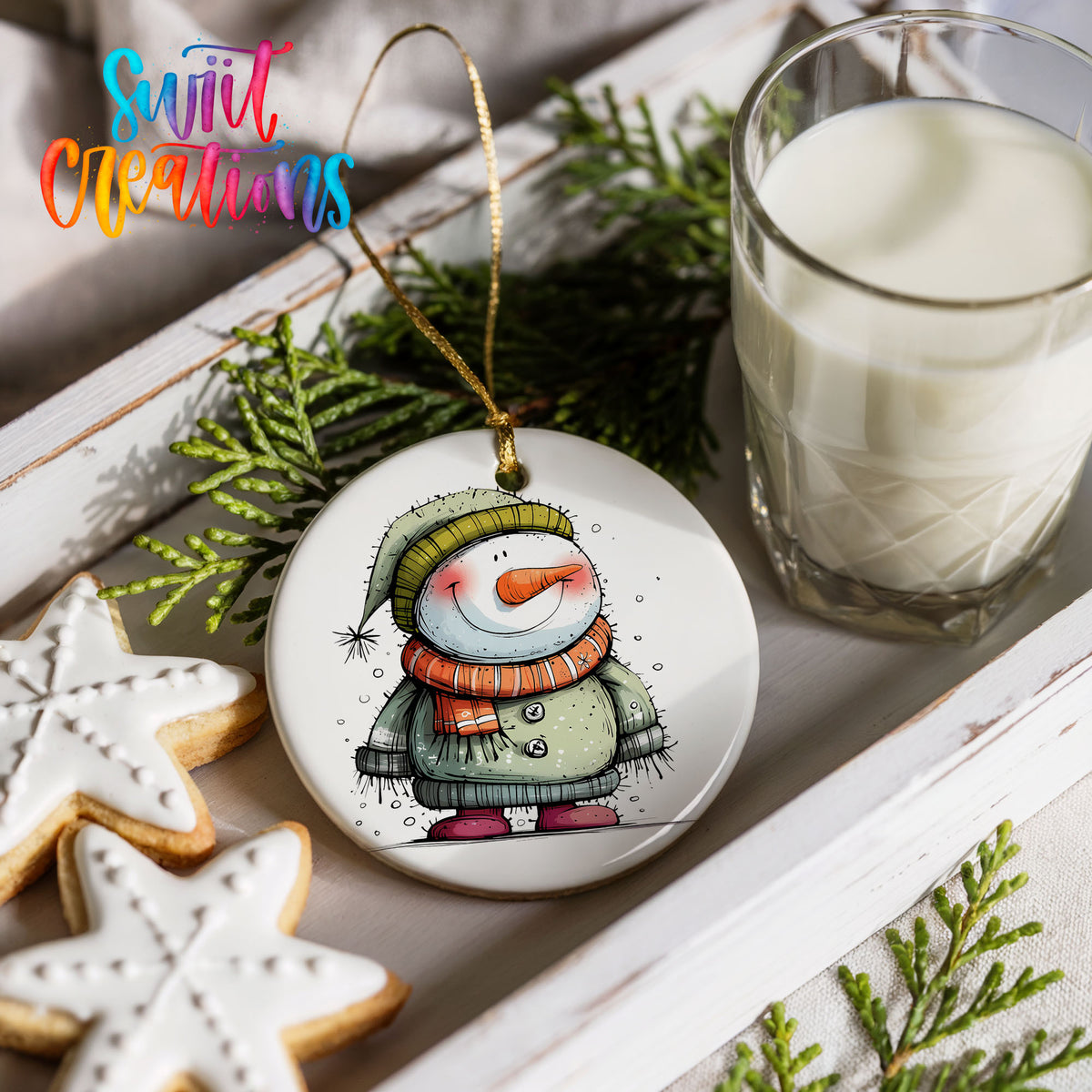 Smiling Snowman in Green Sweater Christmas ornament product photo