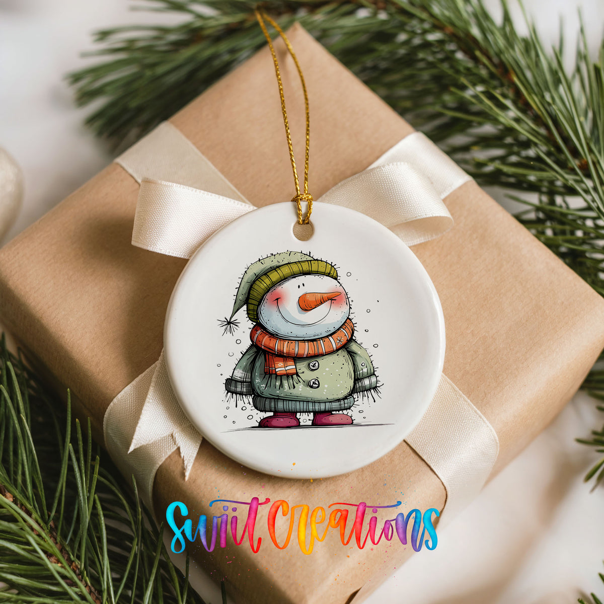 Smiling Snowman in Green Sweater Christmas ornament product photo