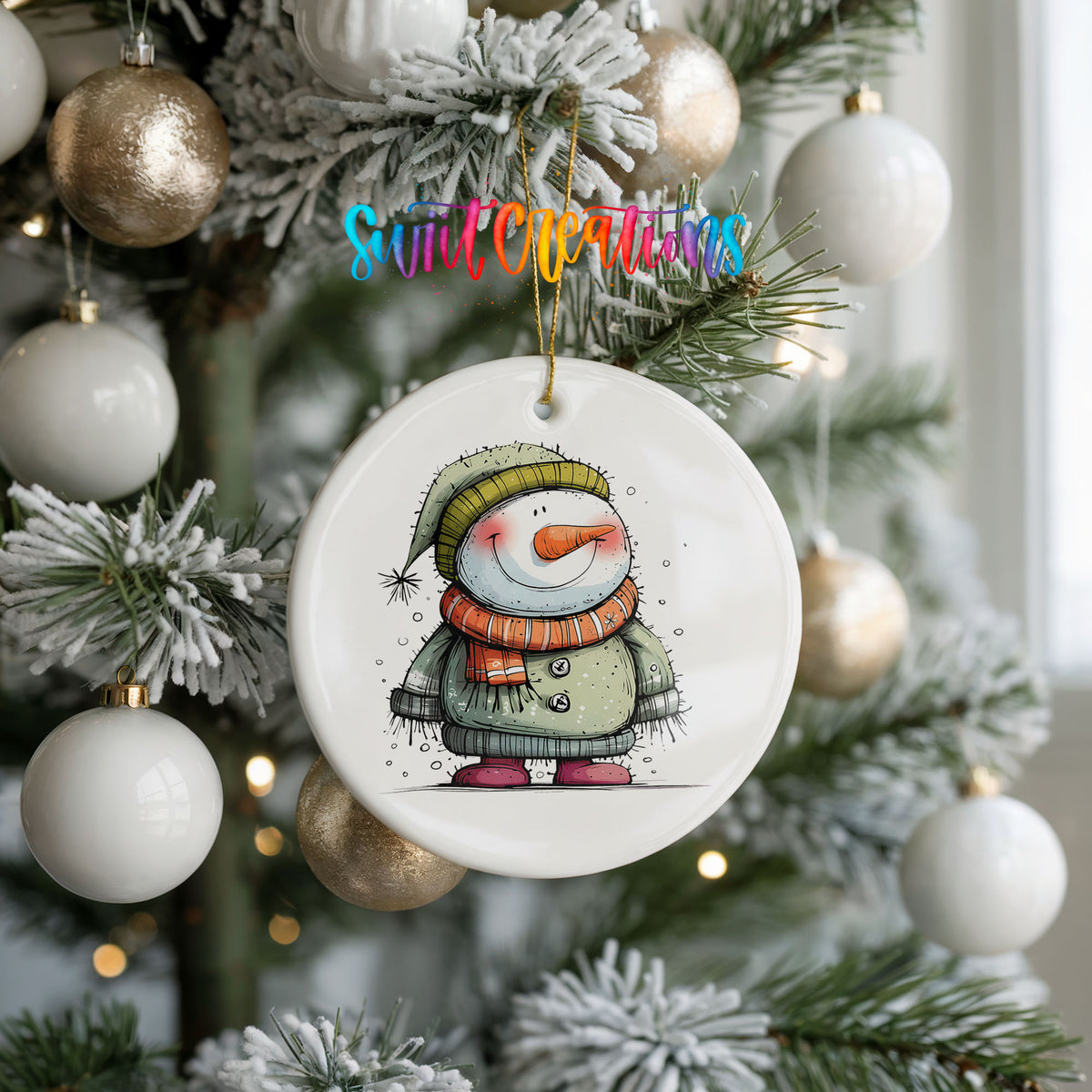 Smiling Snowman in Green Sweater Christmas ornament product photo