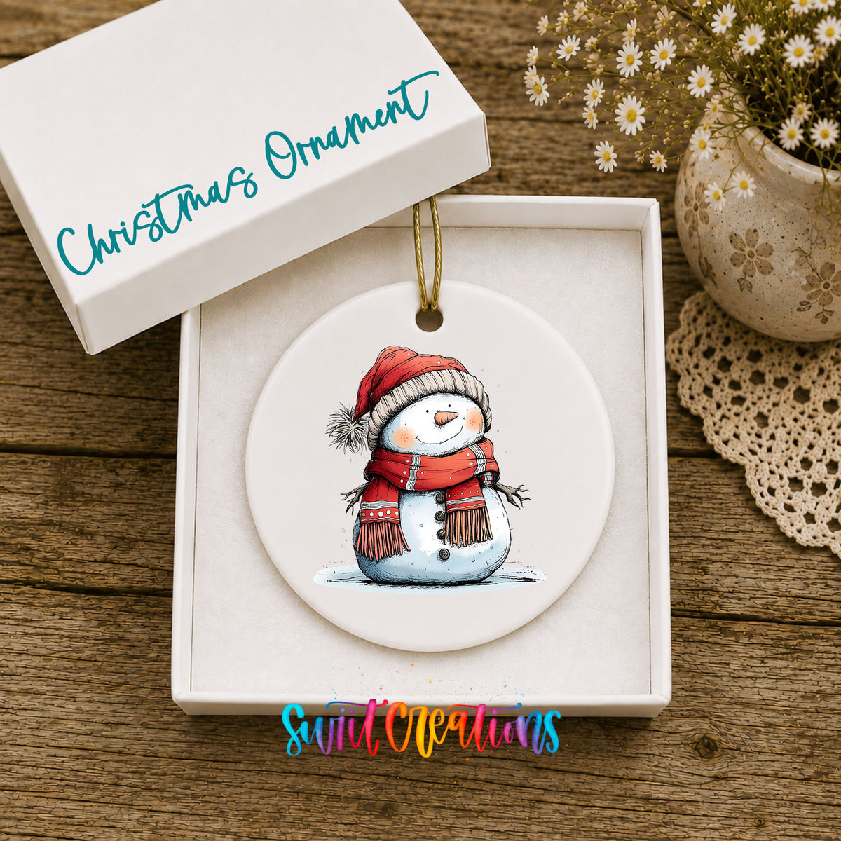 Snowman in Red Hat and Plaid Scarf Christmas ornament product photo