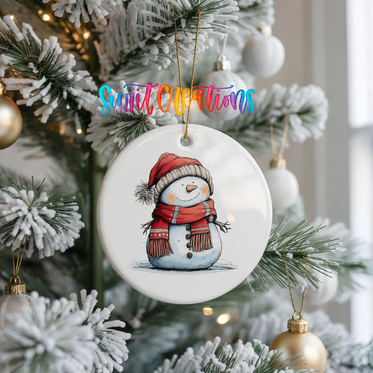 Snowman in Red Hat and Plaid Scarf Christmas ornament product photo