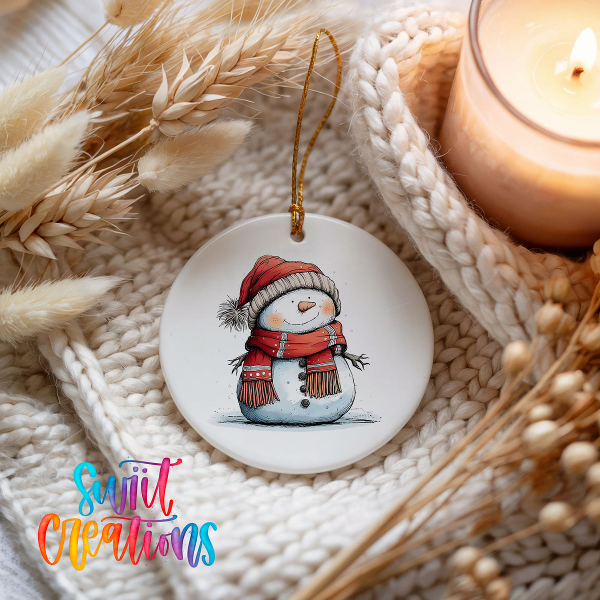 Snowman in Red Hat and Plaid Scarf Christmas ornament product photo
