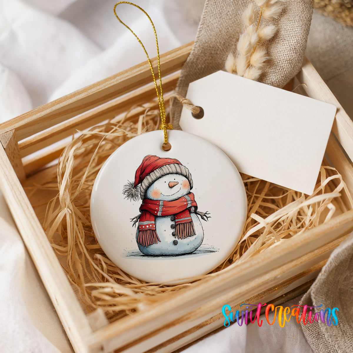Snowman in Red Hat and Plaid Scarf Christmas ornament product photo