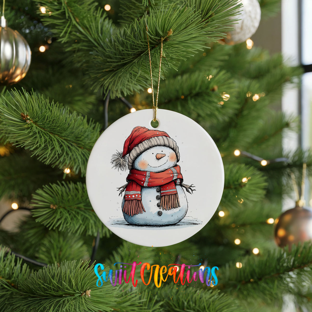 Snowman in Red Hat and Plaid Scarf Christmas ornament product photo