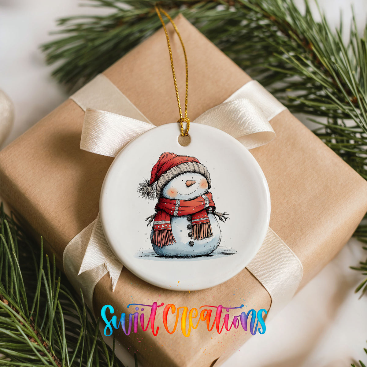 Snowman in Red Hat and Plaid Scarf Christmas ornament product photo