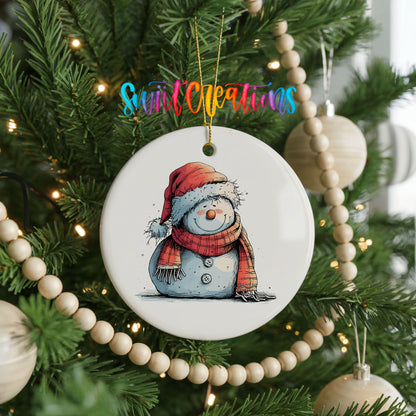 Snowman in Red Hat and Gray Coat Christmas ornament product photo