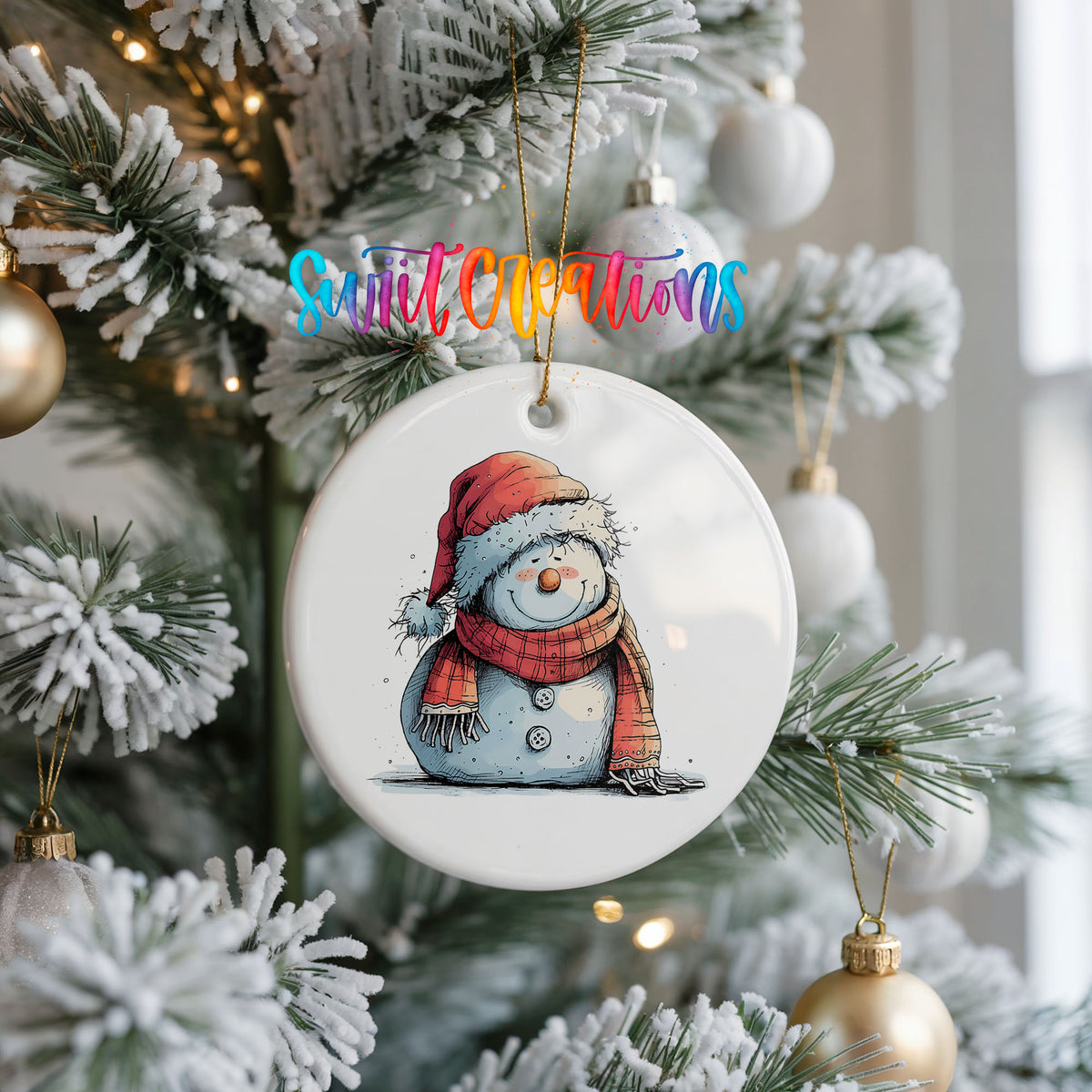 Snowman in Red Hat and Gray Coat Christmas ornament product photo