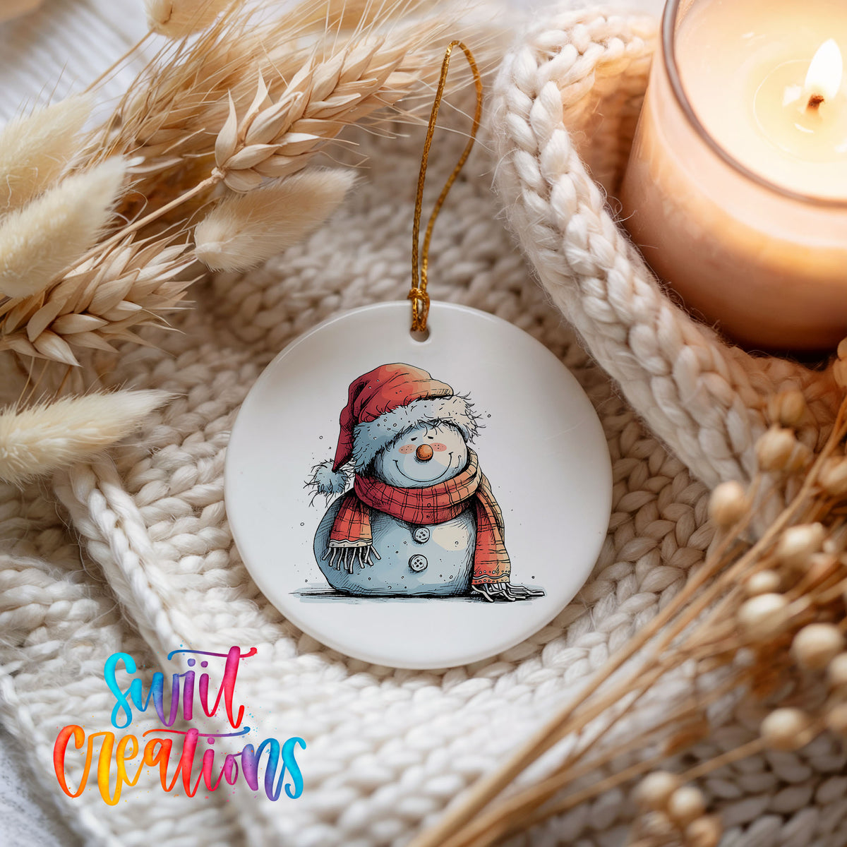 Snowman in Red Hat and Gray Coat Christmas ornament product photo