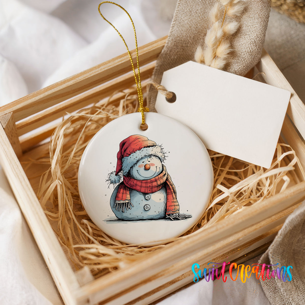 Snowman in Red Hat and Gray Coat Christmas ornament product photo