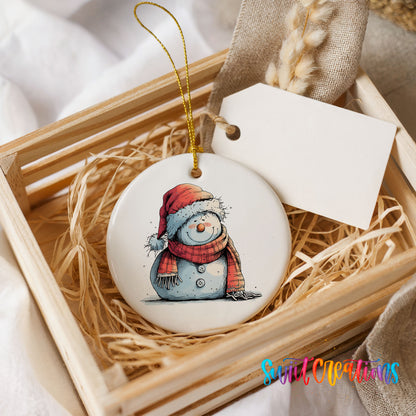 Snowman in Red Hat and Gray Coat Christmas ornament product photo