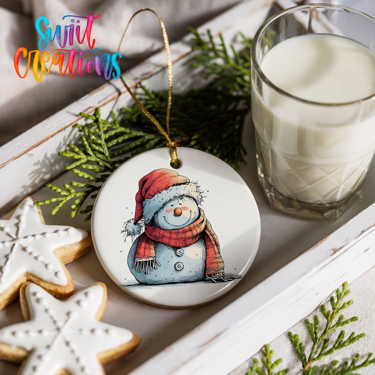 Snowman in Red Hat and Gray Coat Christmas ornament product photo