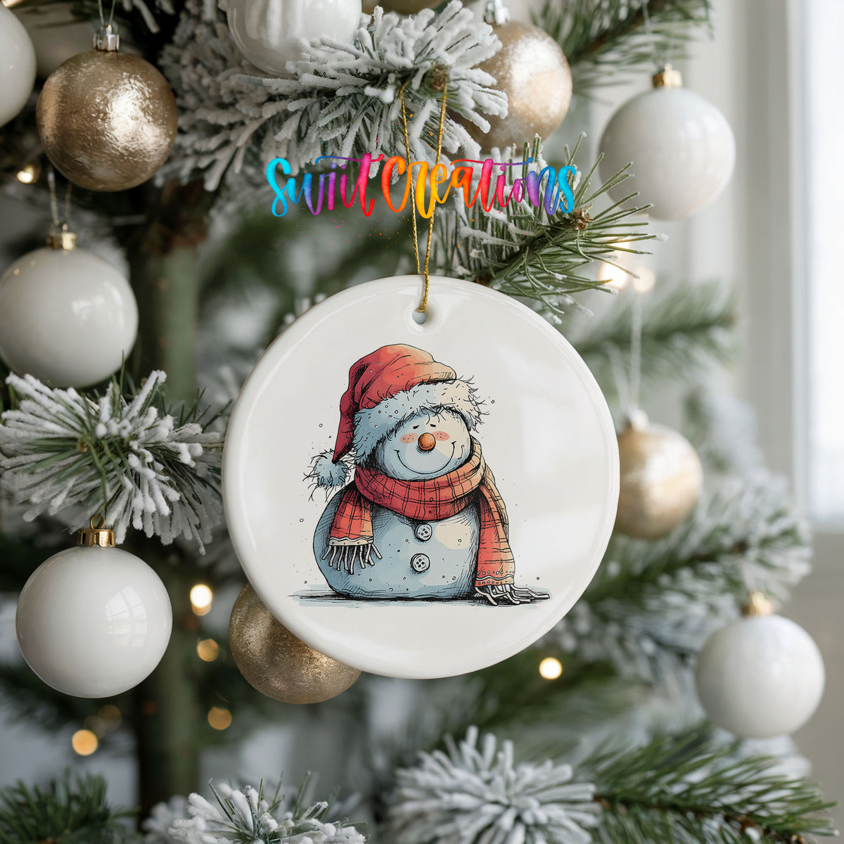 Snowman in Red Hat and Gray Coat Christmas ornament product photo