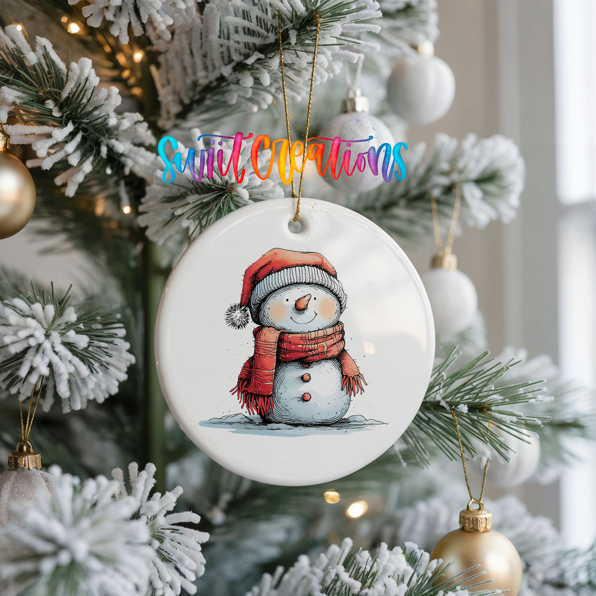 Snowman in Red Scarf and Santa Hat Christmas ornament product photo