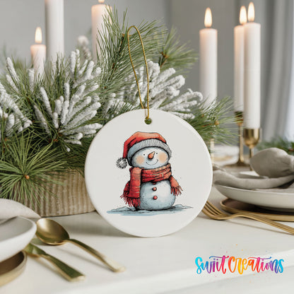 Snowman in Red Scarf and Santa Hat Christmas ornament product photo