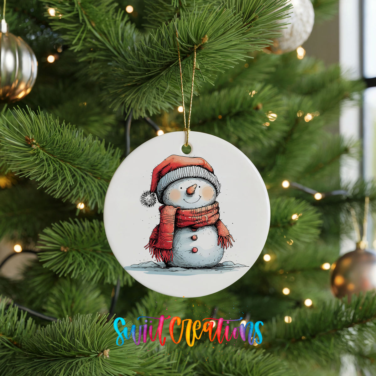 Snowman in Red Scarf and Santa Hat Christmas ornament product photo