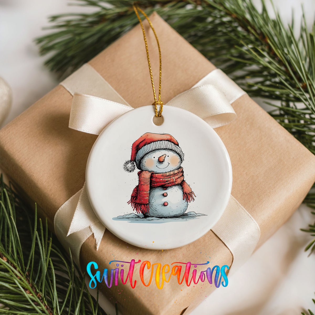 Snowman in Red Scarf and Santa Hat Christmas ornament product photo