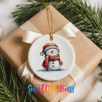 Snowman in Red Scarf and Santa Hat Christmas ornament product photo