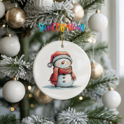 Snowman in Red Scarf and Santa Hat Christmas ornament product photo