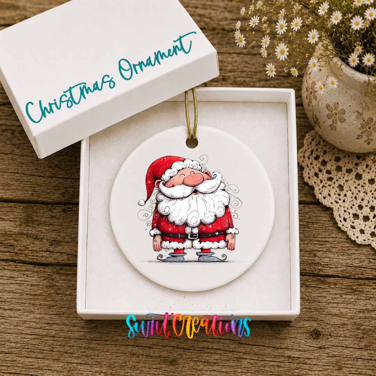 Jolly Santa Holding a Christmas Gift Christmas ornament product photo