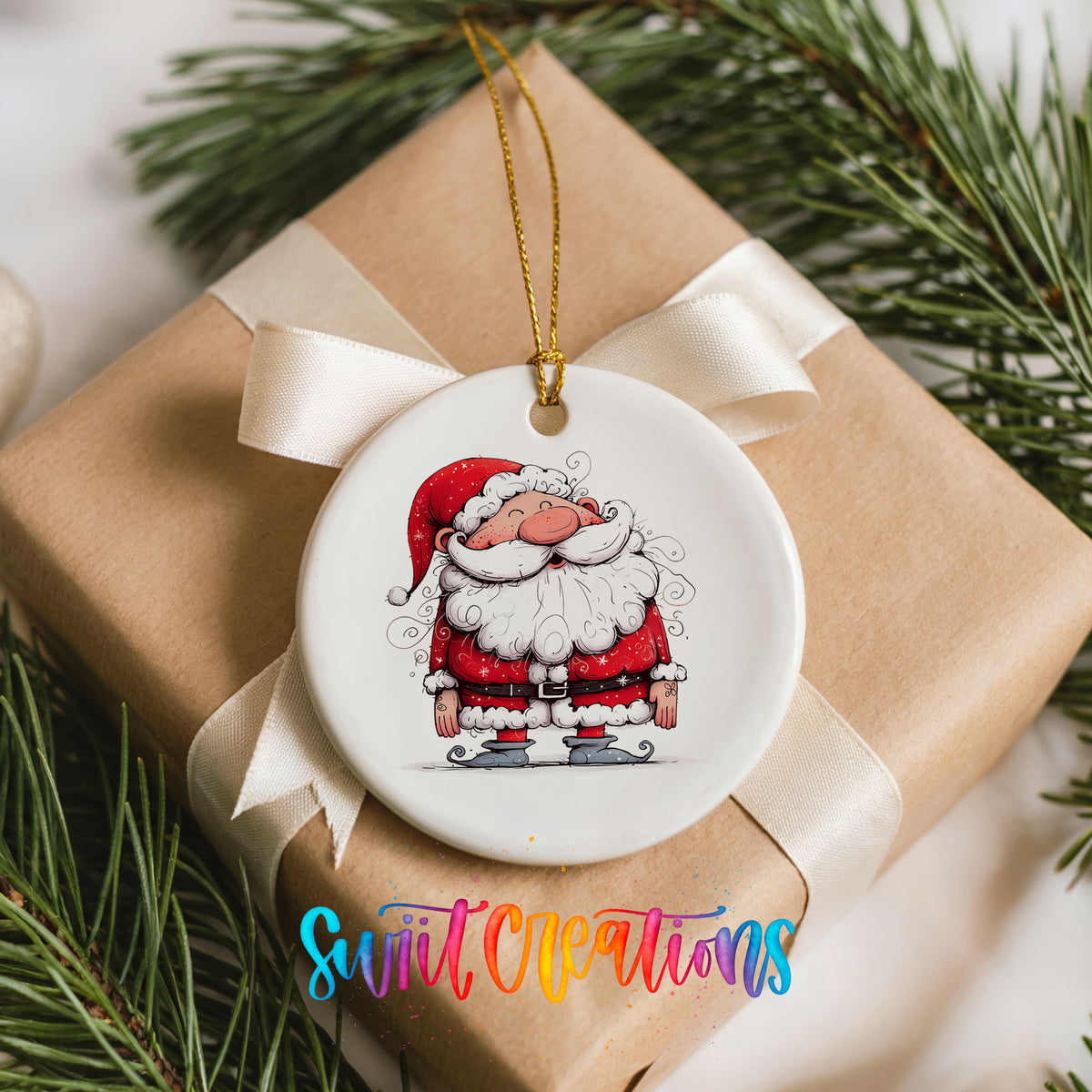 Jolly Santa Holding a Christmas Gift Christmas ornament product photo