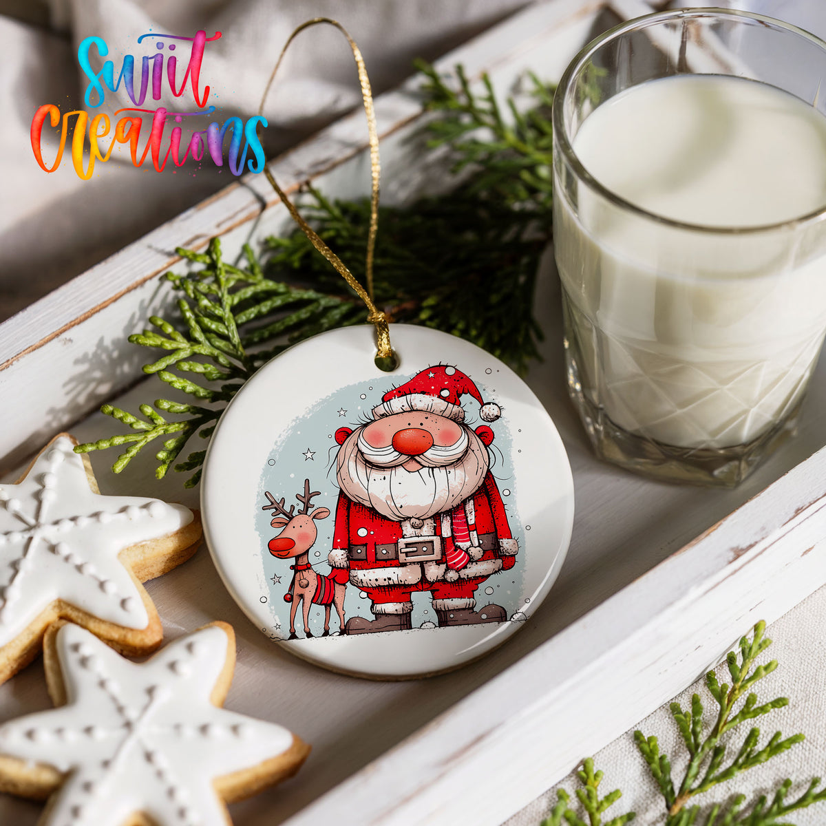 Santa with Reindeer Friends Christmas ornament product photo