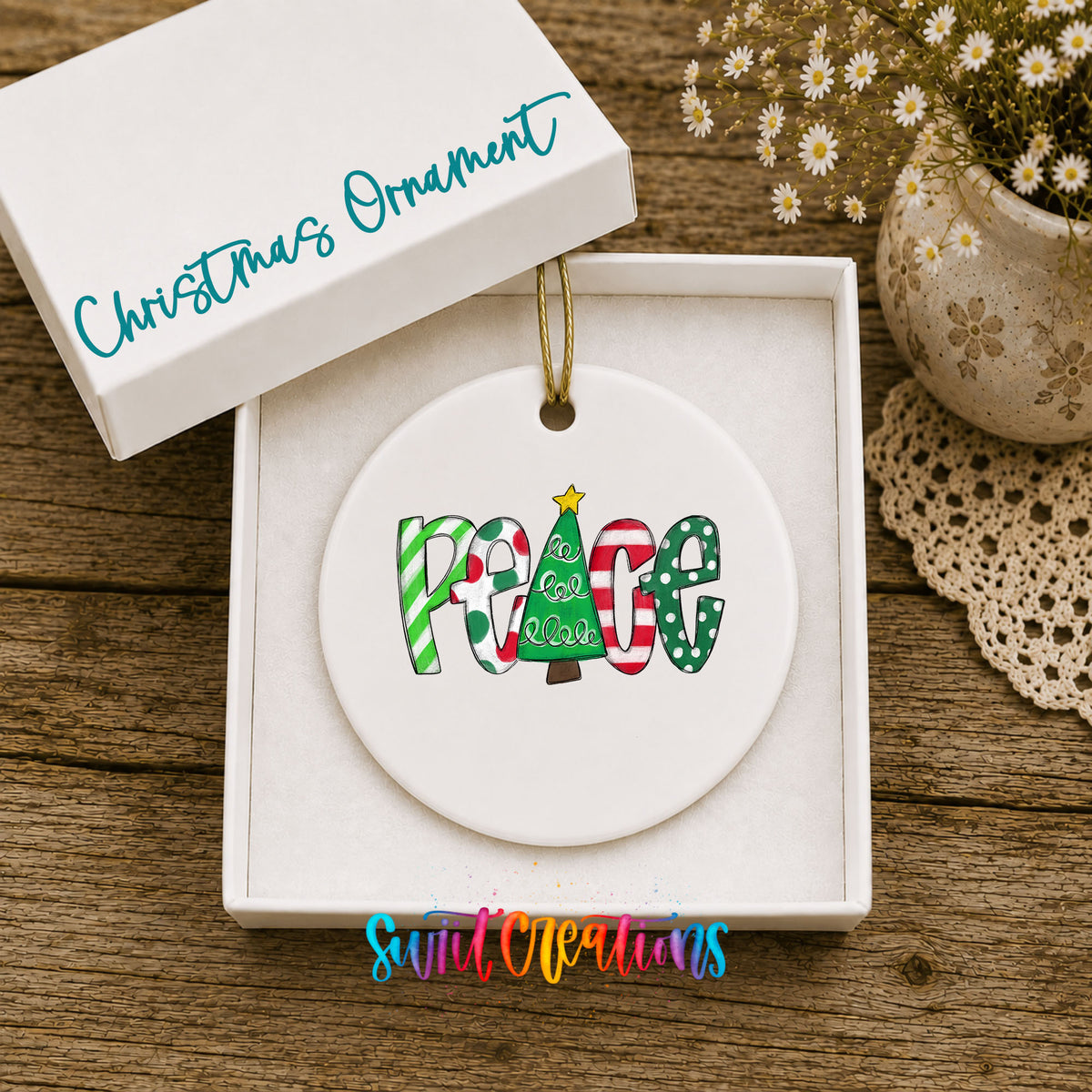 Peace Love Christmas Ornament Trio ceramic Christmas ornament displayed in gift box