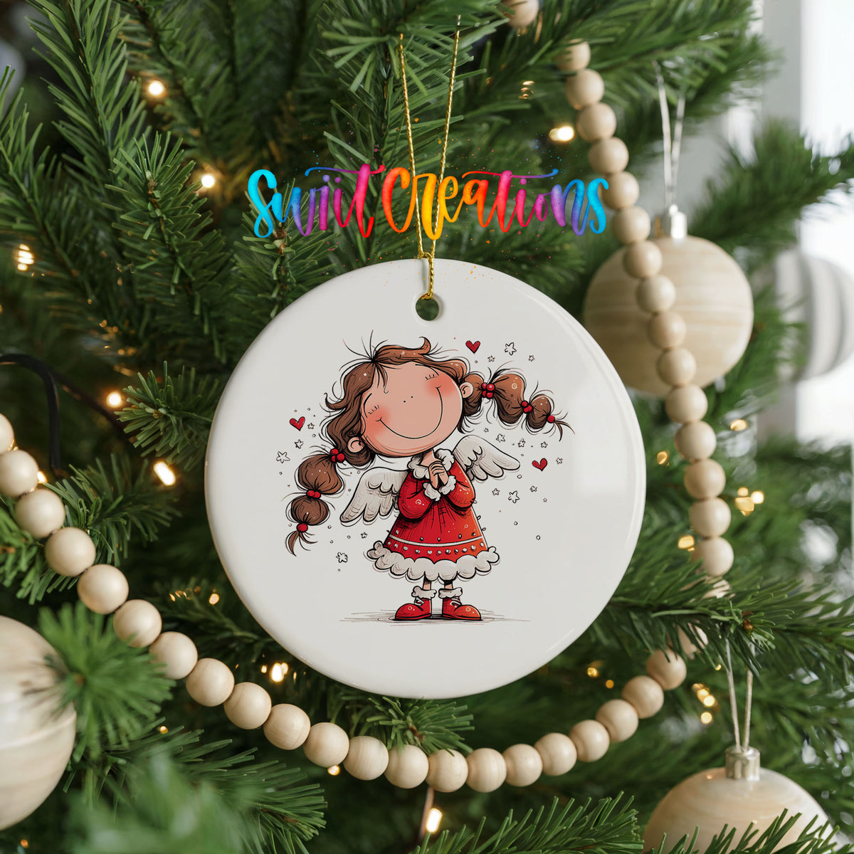 Whimsical Angel Girl in Santa Dress ceramic Christmas ornament holiday product view