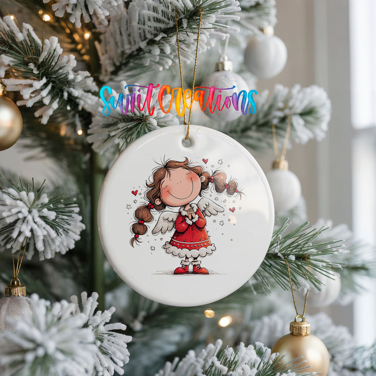 Whimsical Angel Girl in Santa Dress ceramic Christmas ornament holiday product view
