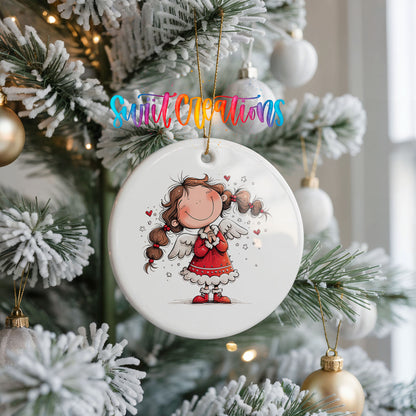 Whimsical Angel Girl in Santa Dress ceramic Christmas ornament holiday product view