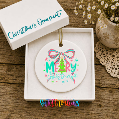 Merry Christmas Pink Bow ceramic Christmas ornament displayed in gift box
