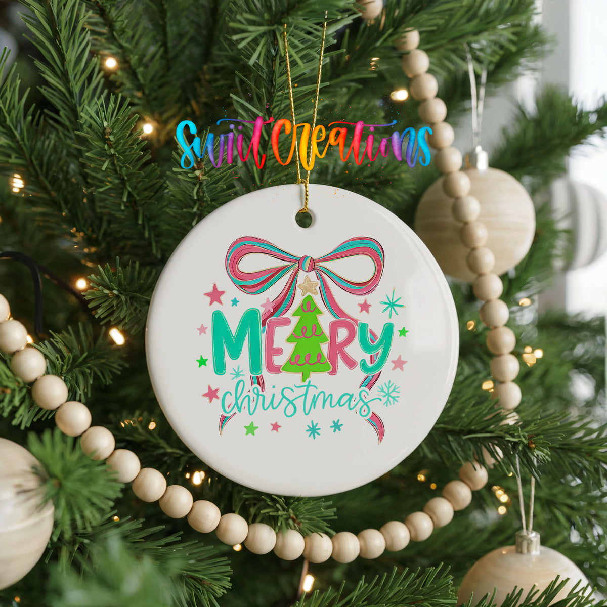Merry Christmas Pink Bow ceramic Christmas ornament holiday product view