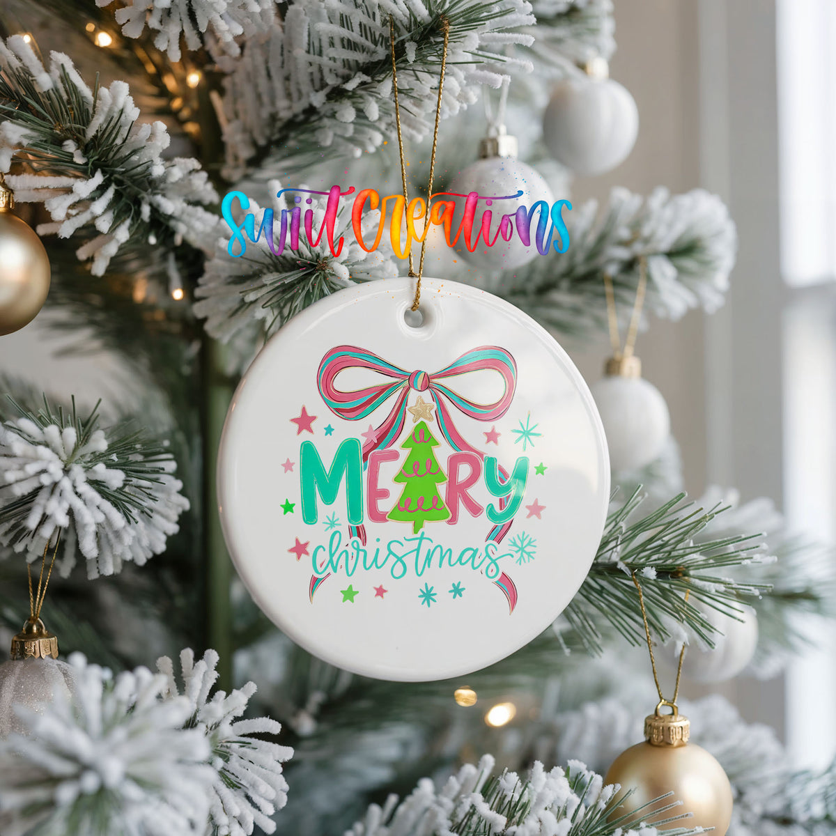 Merry Christmas Pink Bow ceramic Christmas ornament holiday product view