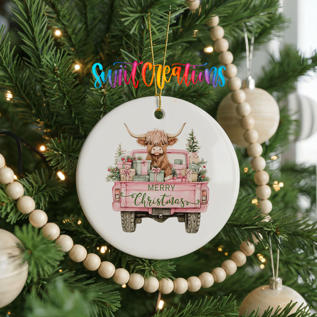 Highland Cow Merry Christmas Farmhouse ceramic Christmas ornament holiday product view
