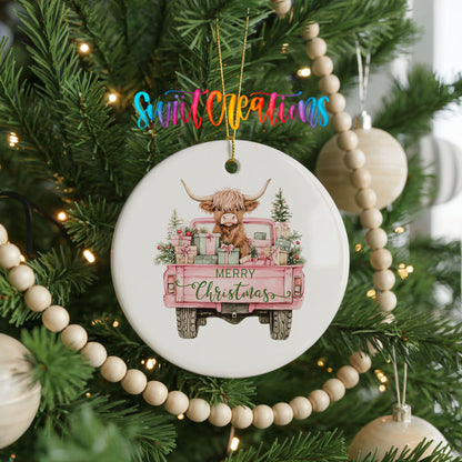 Highland Cow Merry Christmas Farmhouse ceramic Christmas ornament holiday product view