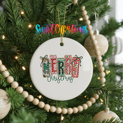 Merry and Bright Festive Bow ceramic Christmas ornament holiday product view